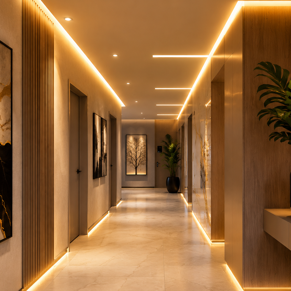 Corredor com fita de LED e automação residencial