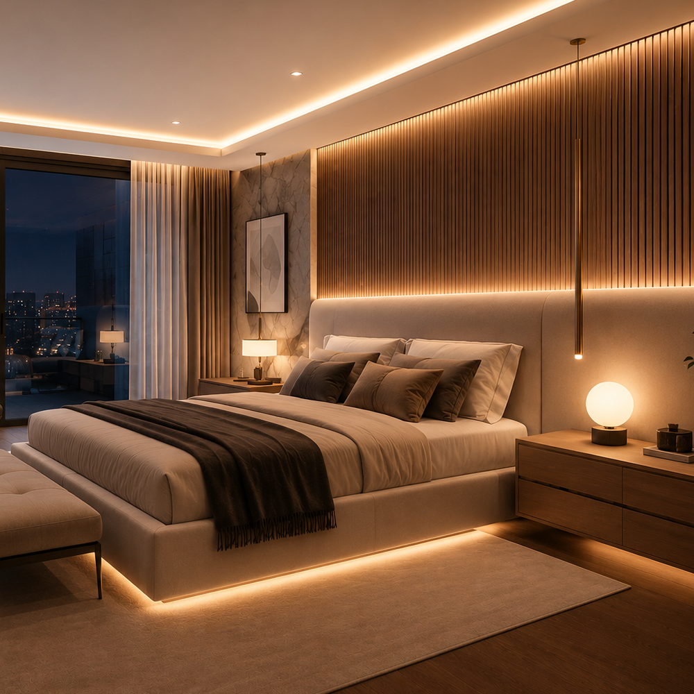 Quarto automatizado com luzes inteligentes Focus Smart Home